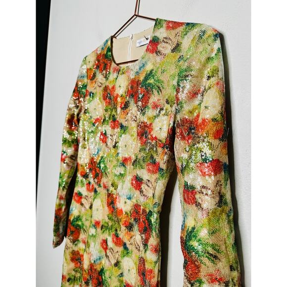 ROSETTA GETTY Multicolored Floral Crepe De Chine Sequin Long Sleeve Gown Size 0 - Picture 16 of 16